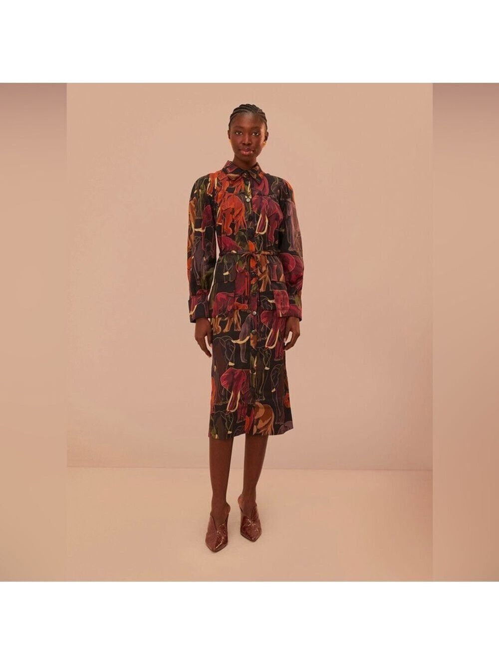Farm Rio Brown Elephants Long Sleeve Midi Dress